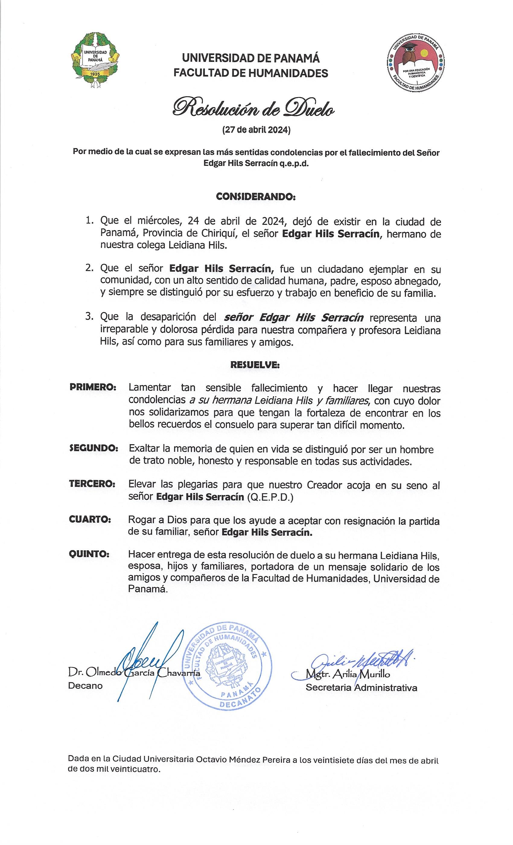Resolución de duelo Sr. Edgar Hils Serracín