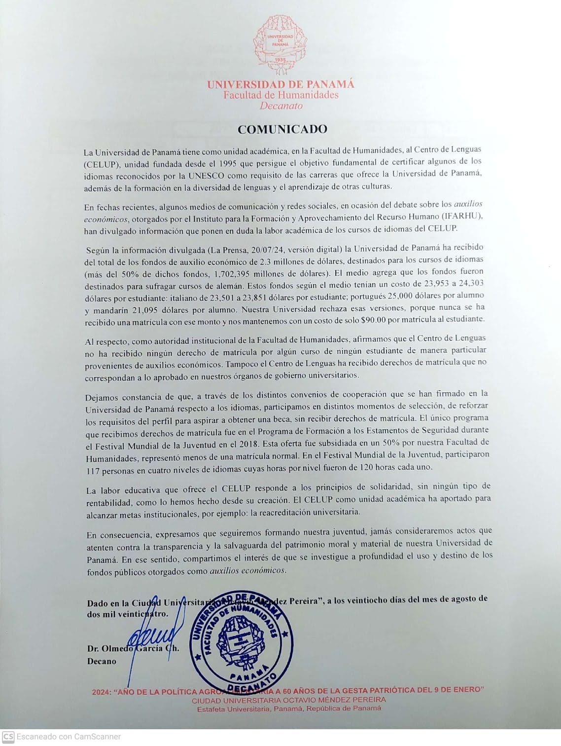 Comunicado por parte del Decano Olmedo García